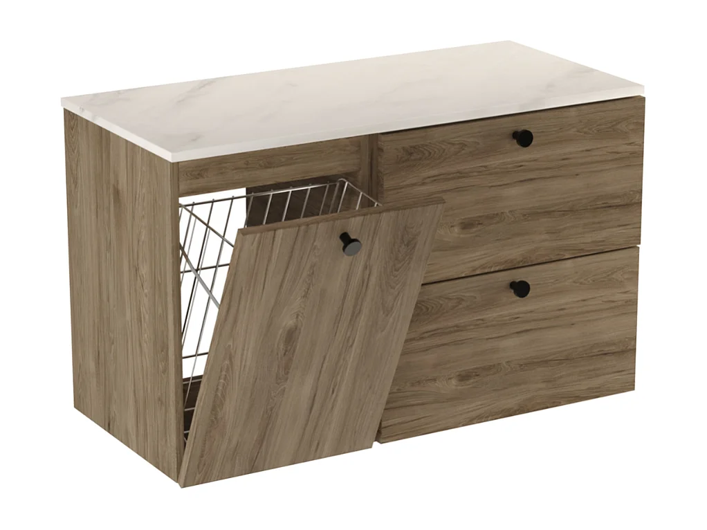 Meuble lavabo WENA, fronts lisses, avec panier à linge, Beti, 100x60x47 cm, Noyer foncé/Marbre Bianco