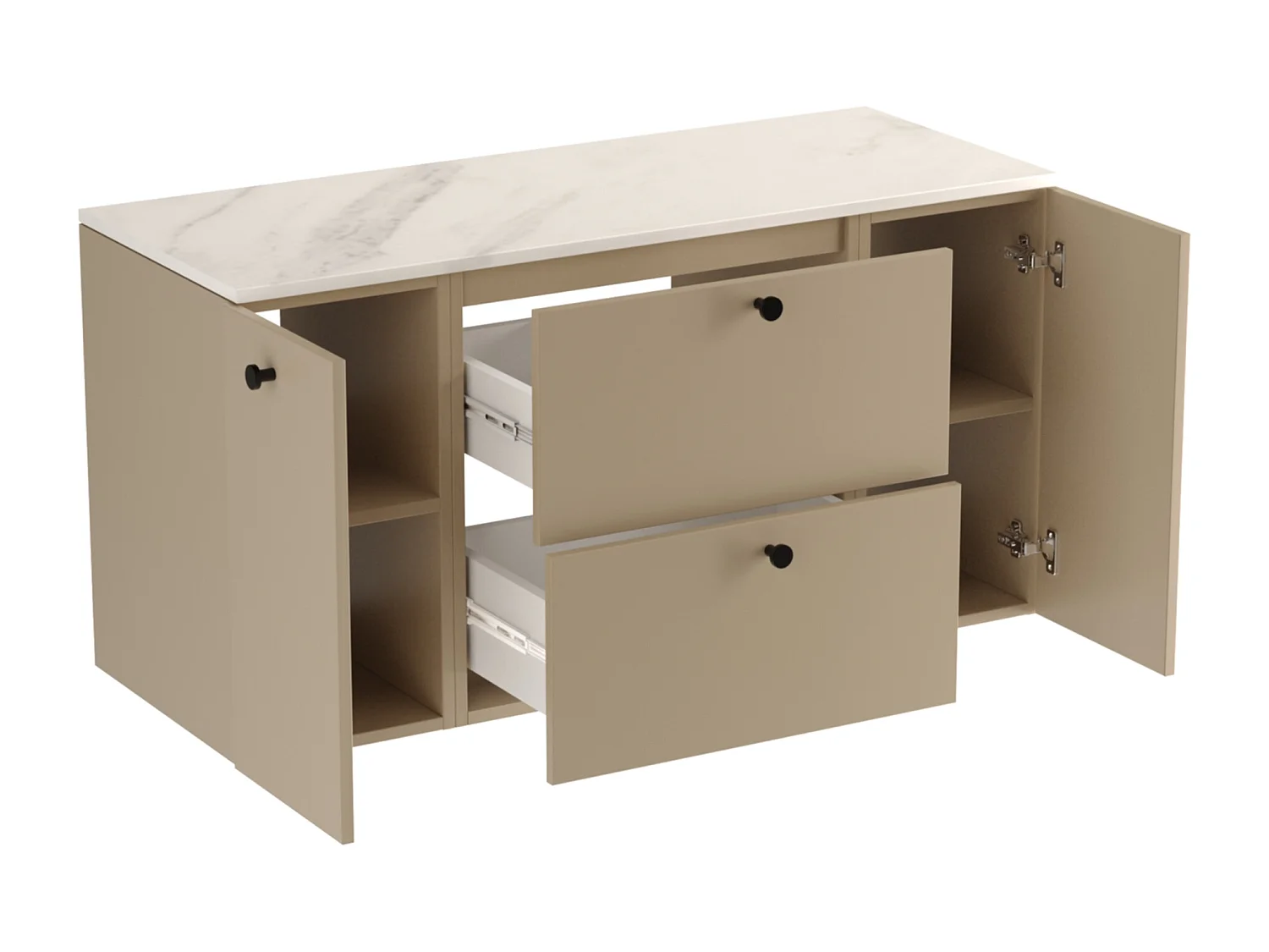 Meuble lavabo WENA, avec 2 portes et 2 tiroirs, fronts lisses, Beti, 120x60x47 cm, Cappuccino/Marbre Bianco