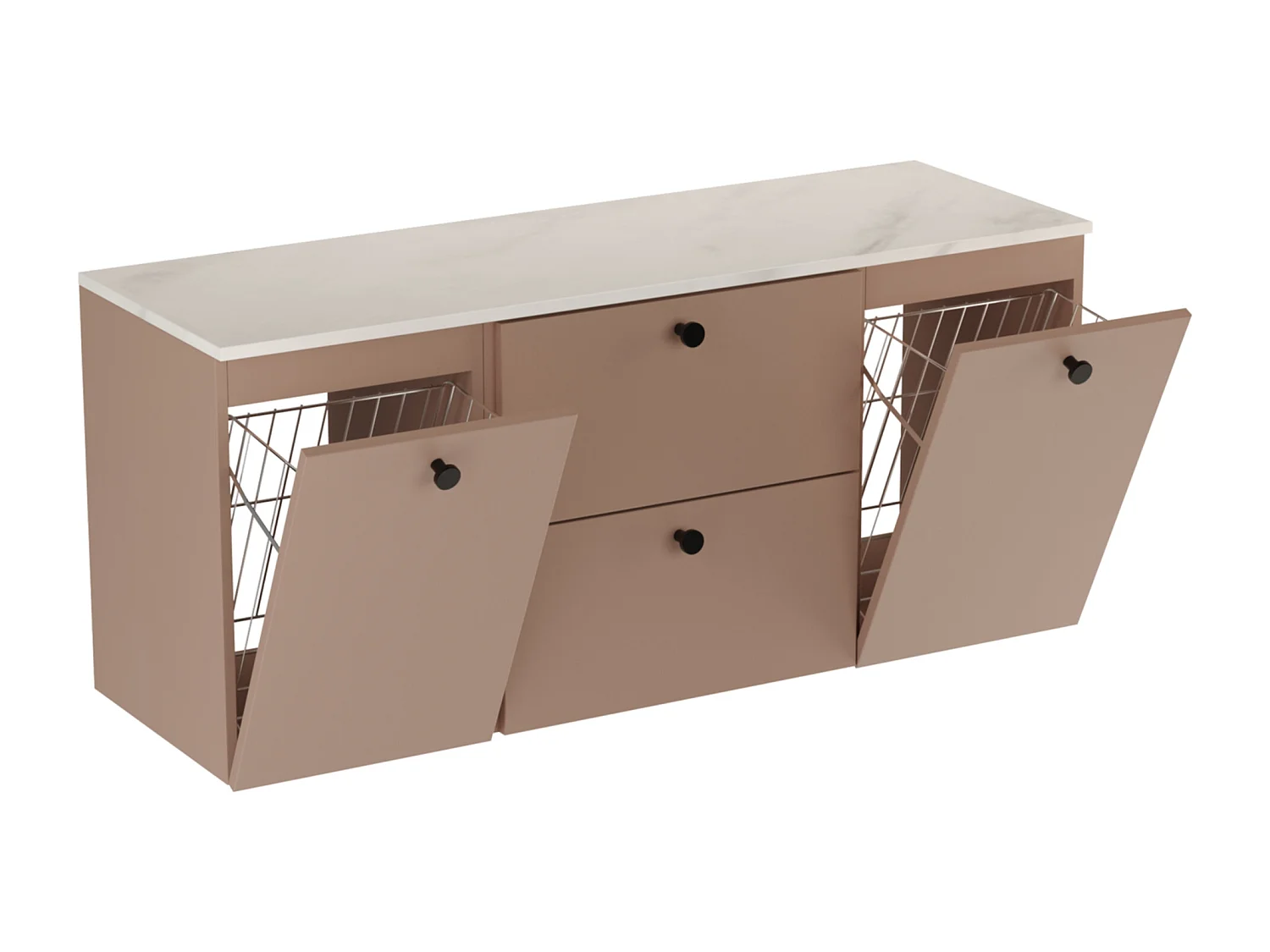 Szafka pod umywalkę WENA, z 2 drzwiami i 2 szufladami, gładkie fronty, z koszami na pranie, Beti, 140x60x47 cm, Ciemny Róż/Marmur Bianco