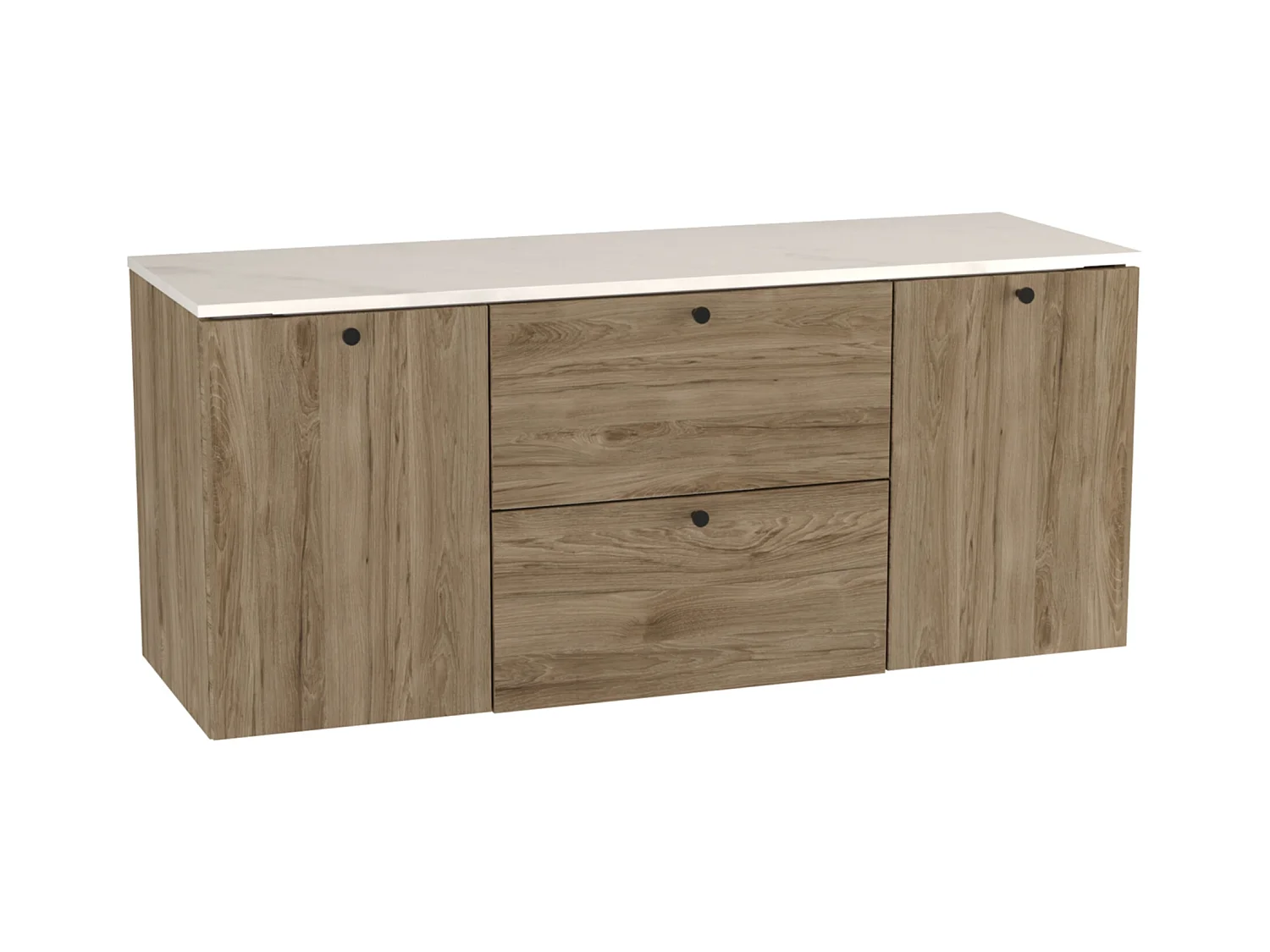 Waschtischunterschrank WENA, mit 2 Türen und 2 Schubladen, glatte Fronten, mit Wäschekorb, Beti, 140x60x47 cm, Walnuss Dunkel/Marmor Bianco