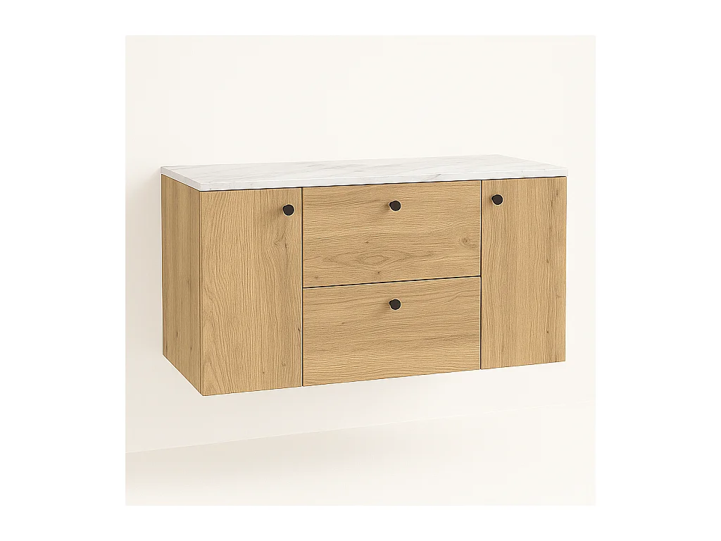 Meuble lavabo WENA, avec 2 portes et 2 tiroirs, fronts lisses, Beti, 120x60x47 cm, Chêne de Crémone/Marbre Bianco