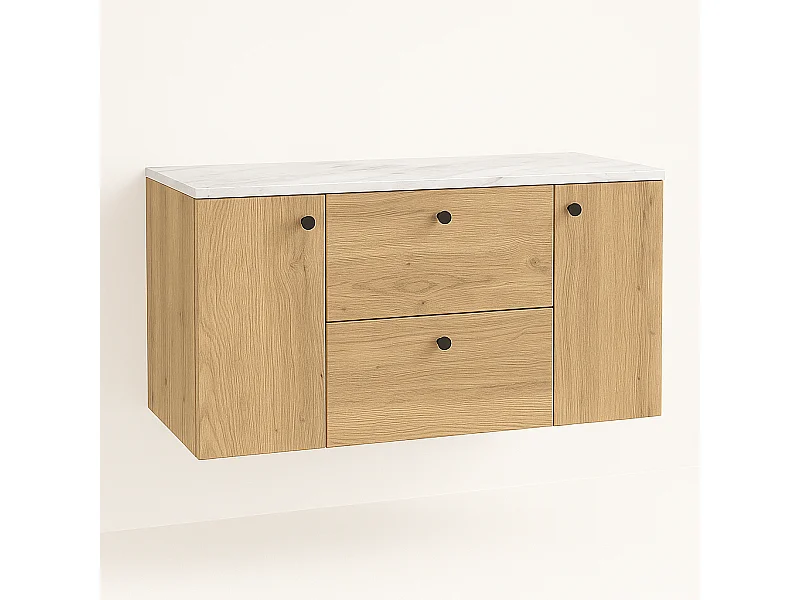 Meuble lavabo WENA, avec 2 portes et 2 tiroirs, fronts lisses, Beti, 120x60x47 cm, Chêne de Crémone/Marbre Bianco