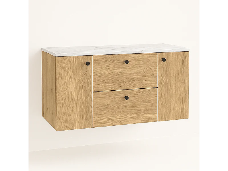 Meuble lavabo WENA, avec 2 portes et 2 tiroirs, fronts lisses, Beti, 120x60x47 cm, Chêne de Crémone/Marbre Bianco