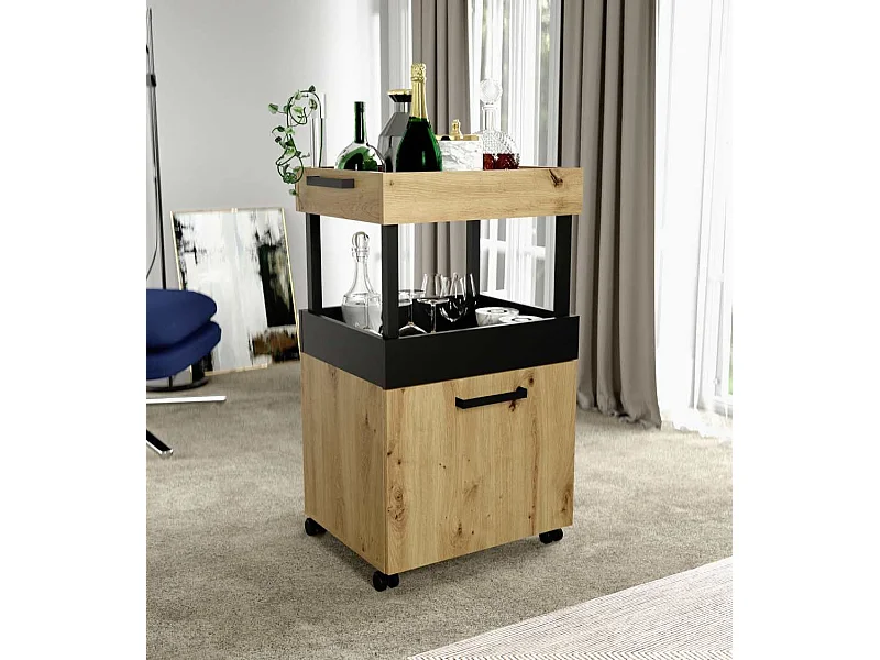 Mueble bar de 89x50x41 cm de tablero laminado en color beige con 1 puerta y ruedas Fizz