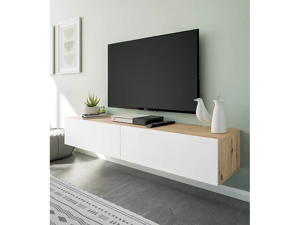 Mueble TV de 28x180x35 cm de estilo nórdico  con 2 puertas batientes en color beige Keoni