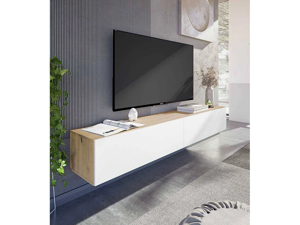 Mueble TV de 28x180x35 cm de estilo nórdico  con 2 puertas batientes en color beige Keoni