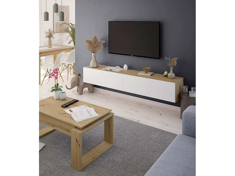 Mueble TV de 28x180x35 cm de estilo nórdico  con 2 puertas batientes en color beige Keoni