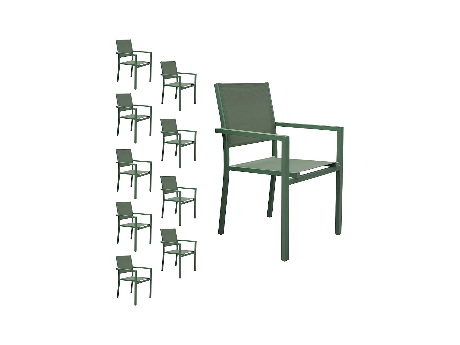 Set van 10 saliegroen aluminium stoelen - textilene saliegroen