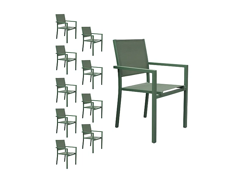 Lot de 10 chaises en aluminium vert sauge - textilène vert sauge - HAPPY GARDEN
