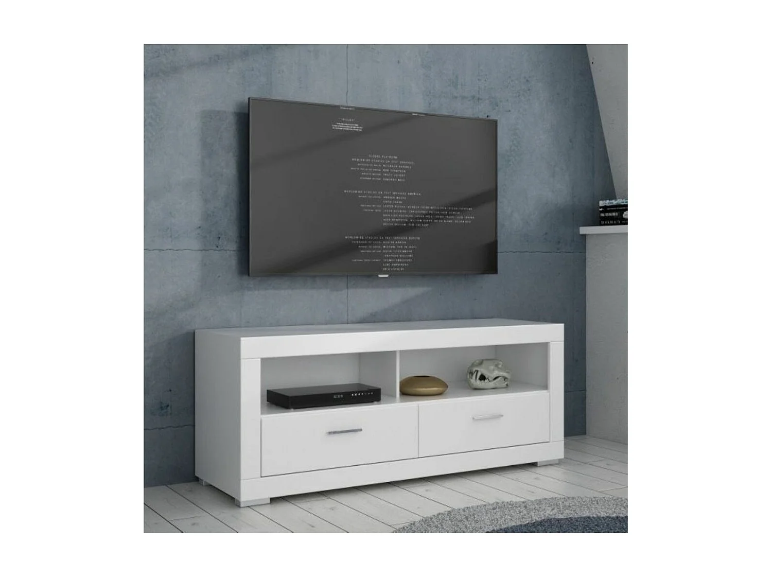 Mueble TV de 156x64x52 cm de diseño moderno con 2 cajones inferiores en color blanco Snow