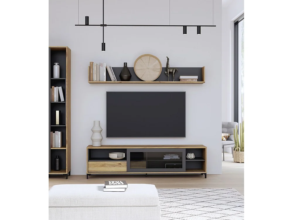 Mueble TV de 47x181x42 cm de estilo moderno industrial con cajón tipo push en beige Folke