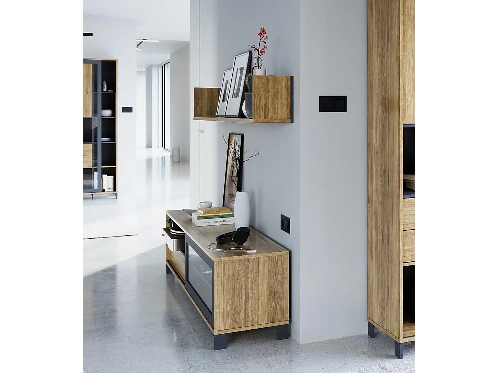 Mueble TV de 47x181x42 cm de estilo moderno industrial con cajón tipo push en beige Folke