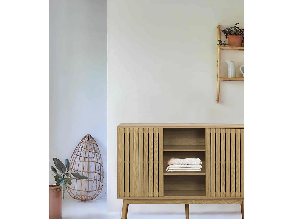 Aparador de 115x90x40 cm con 2 puertas correderas y acabado madera fresno en beige Kaede