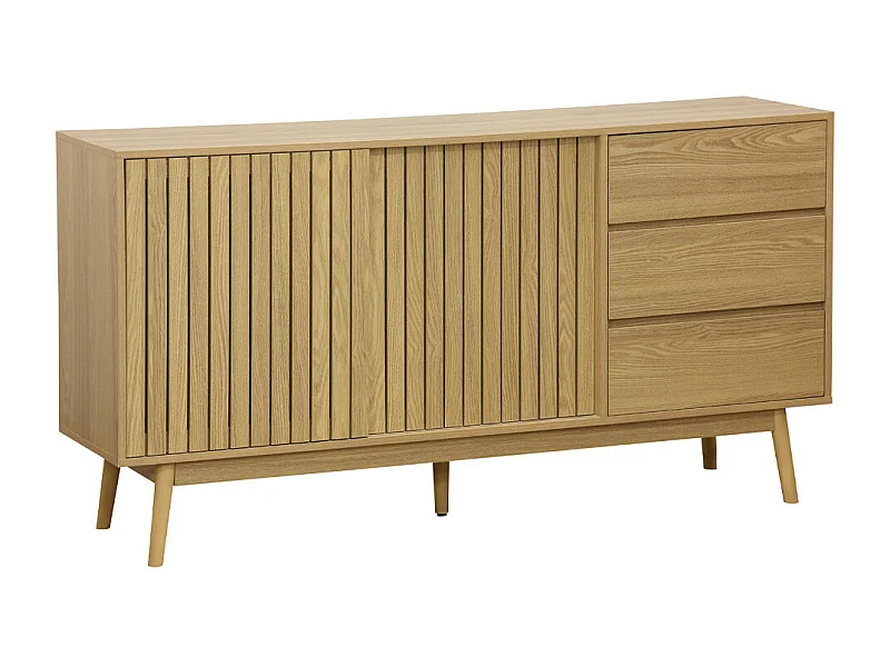 Aparador de 150x80x40 cm con puerta corredera y 3 cajones laterales en color beige Kaede