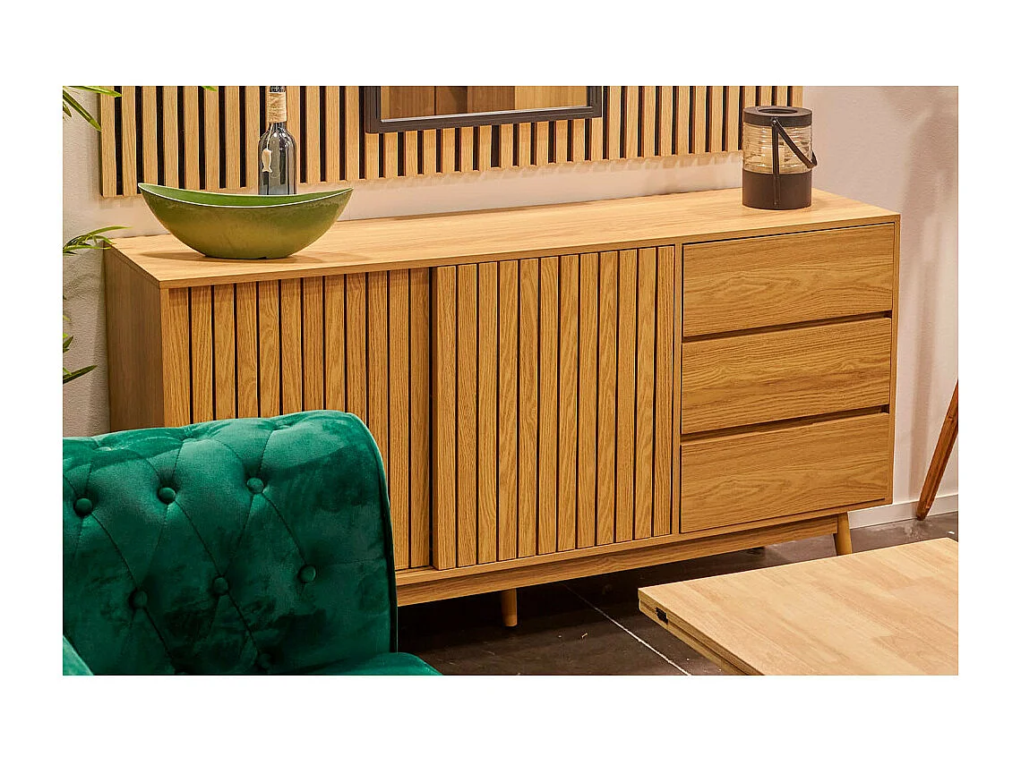 Aparador de 150x80x40 cm con puerta corredera y 3 cajones laterales en color beige Kaede