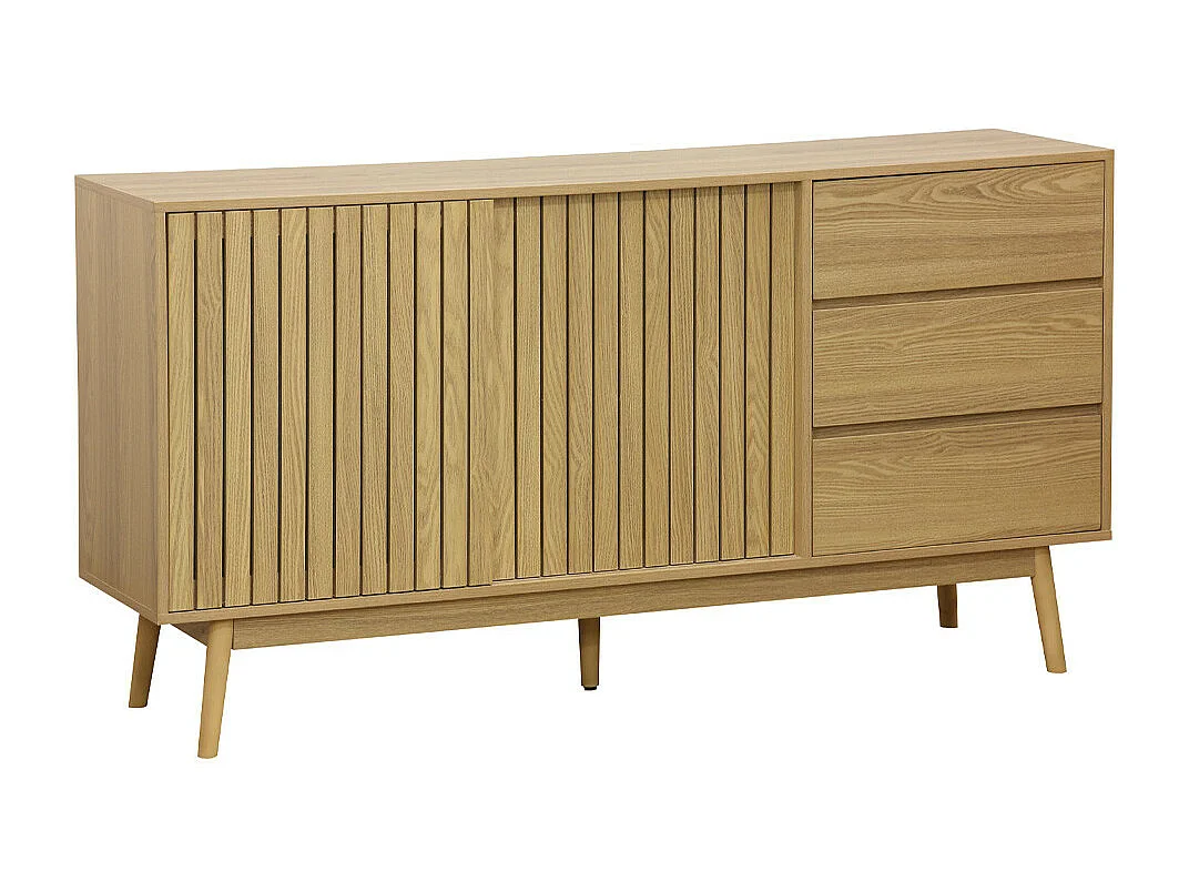 Aparador de 150x80x40 cm con puerta corredera y 3 cajones laterales en color beige Kaede