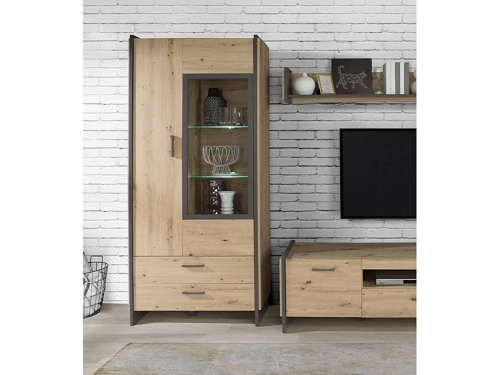 Vitrina alta de 205x92x41 cm con puerta acristalada, otra opaca y 2 cajones en beige Frank