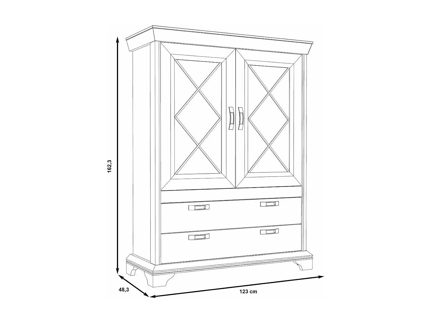 Vitrina doble de 123x162x48 cm con 2 puertas acristaladas y 2 cajones en blanco Karen