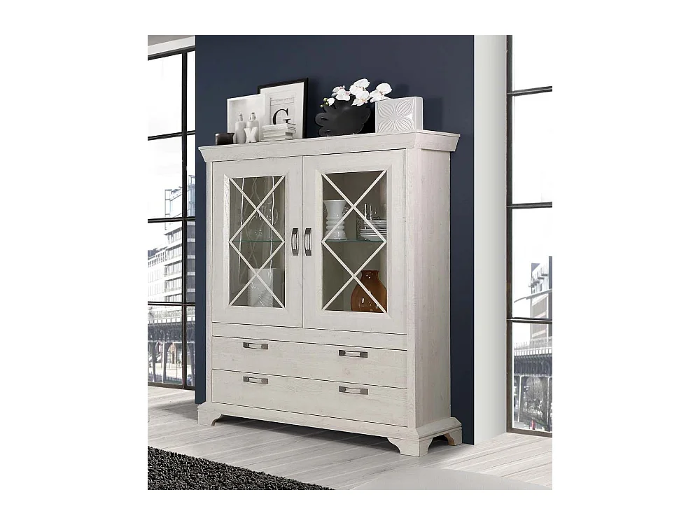 Vitrina doble de 123x162x48 cm con 2 puertas acristaladas y 2 cajones en blanco Karen
