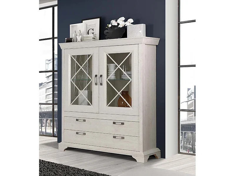 Vitrina doble de 123x162x48 cm con 2 puertas acristaladas y 2 cajones en blanco Karen