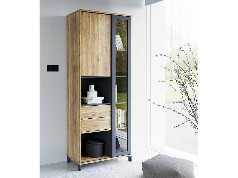 Vitrina alta de 198x78x42 cm con 1 puerta, 2 cajones y 7 espacios abiertos en beige Folke