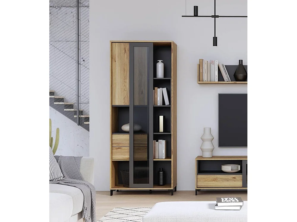 Vitrina alta de 198x78x42 cm con 1 puerta, 2 cajones y 7 espacios abiertos en beige Folke