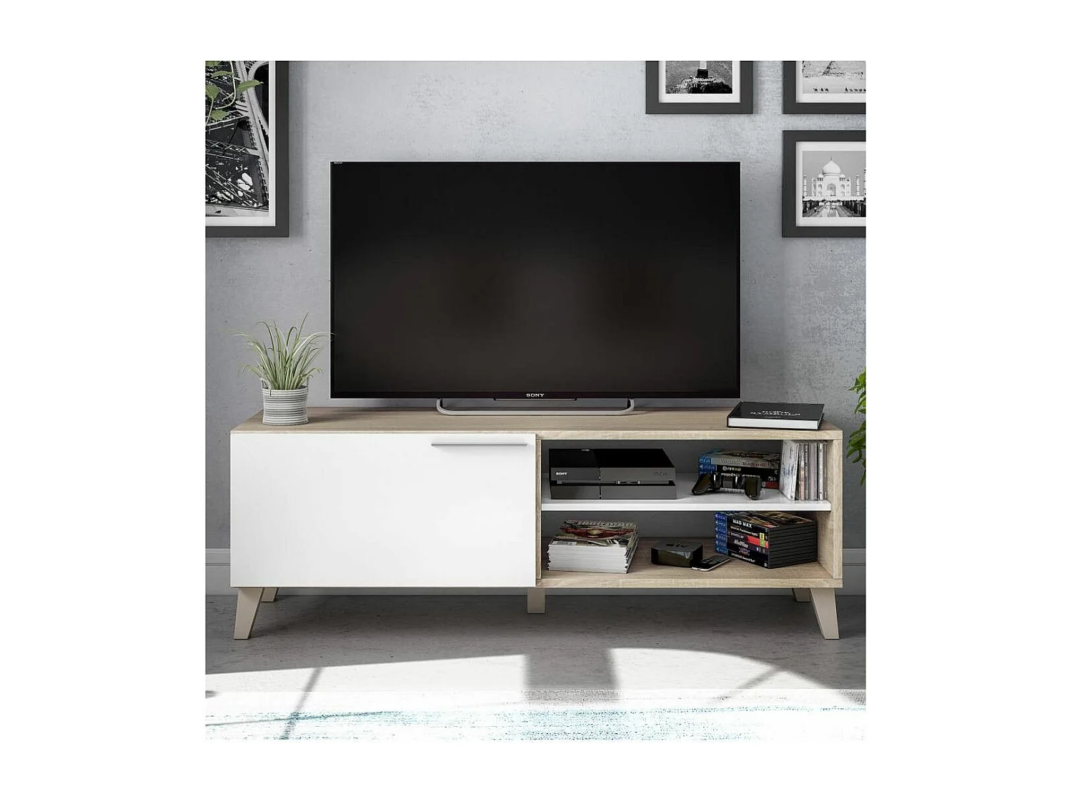 Mueble TV de 45x130x42 cm reversible con puerta abatible y estante en color beige Kika