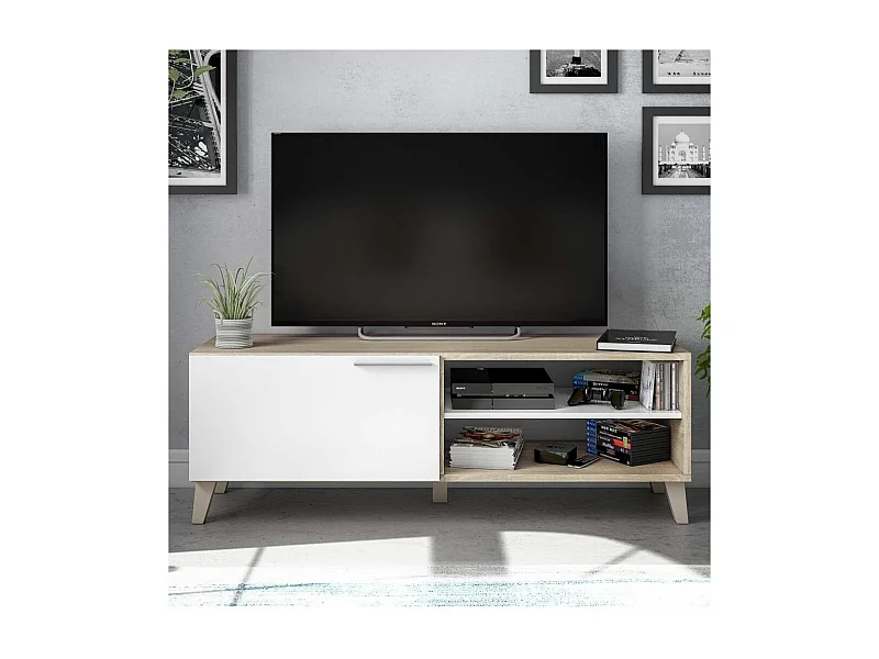 Mueble TV de 45x130x42 cm reversible con puerta abatible y estante en color beige Kika