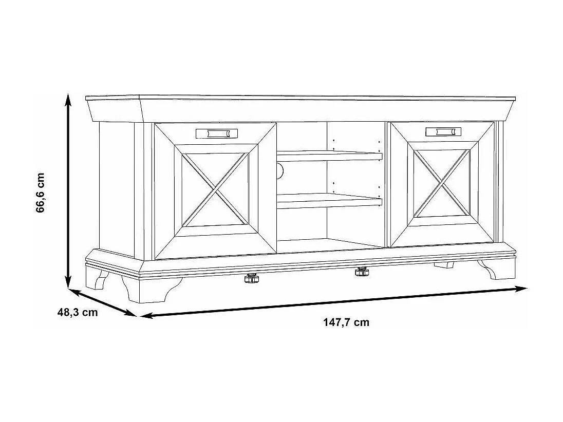 Mueble TV de 67x148x48 cm con 2 puertas batientes y 3 huecos abiertos en blanco Karen