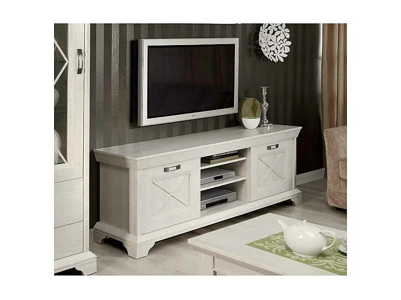 Mueble TV de 67x148x48 cm con 2 puertas batientes y 3 huecos abiertos en blanco Karen