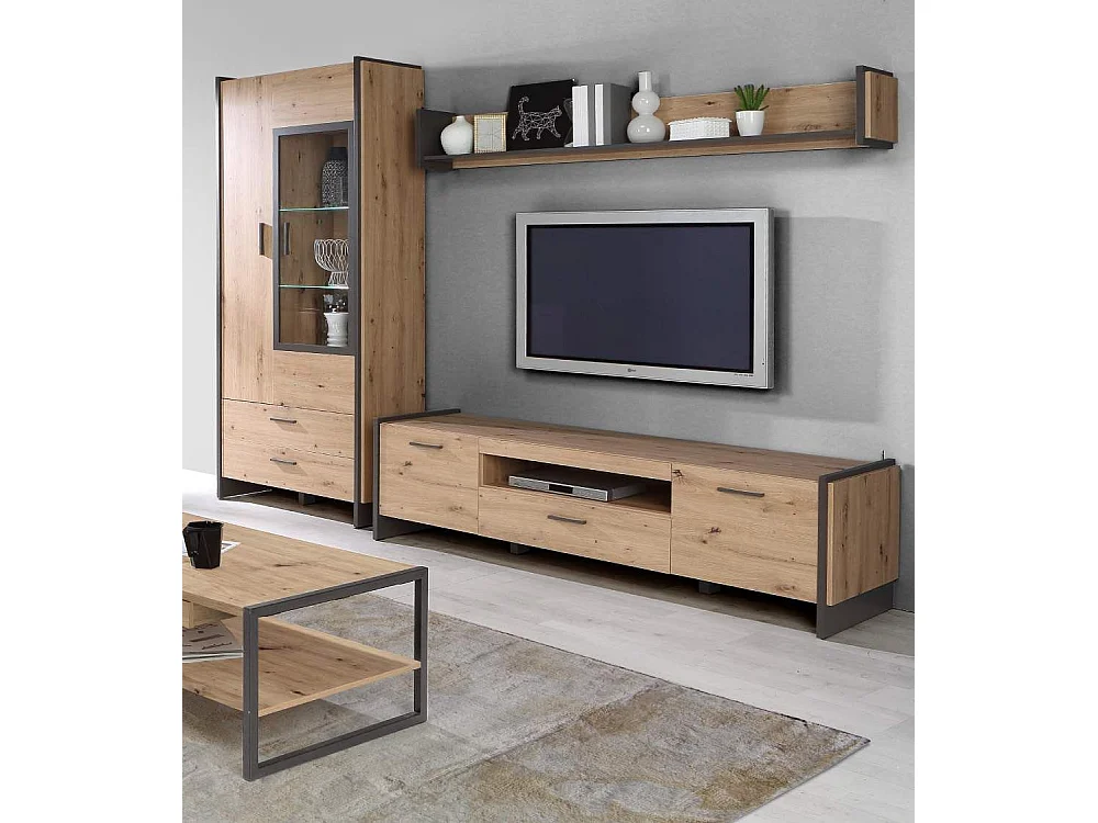Mueble TV en 51x187x41 cm de estilo industrial con 2 puertas batientes en beige Frank