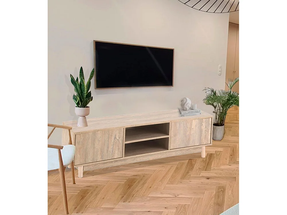 Mueble TV de 42x140x38 cm con 2 puertas abatibles y 2 huecos en color beige Douglas