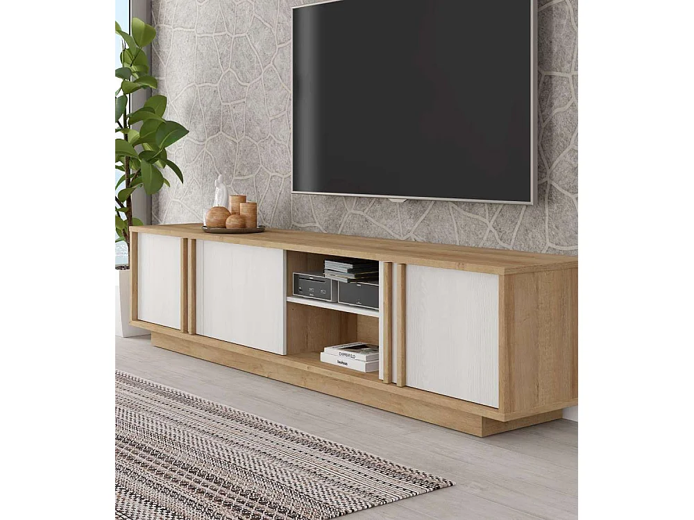 Mueble de TV de 52x222x42 cm de estilo nórdico con 3 puertas batientes en beige Sigrid