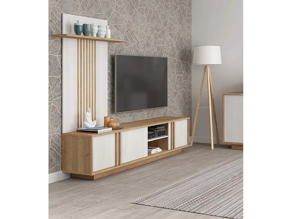 Mueble de TV de 52x222x42 cm de estilo nórdico con 3 puertas batientes en beige Sigrid