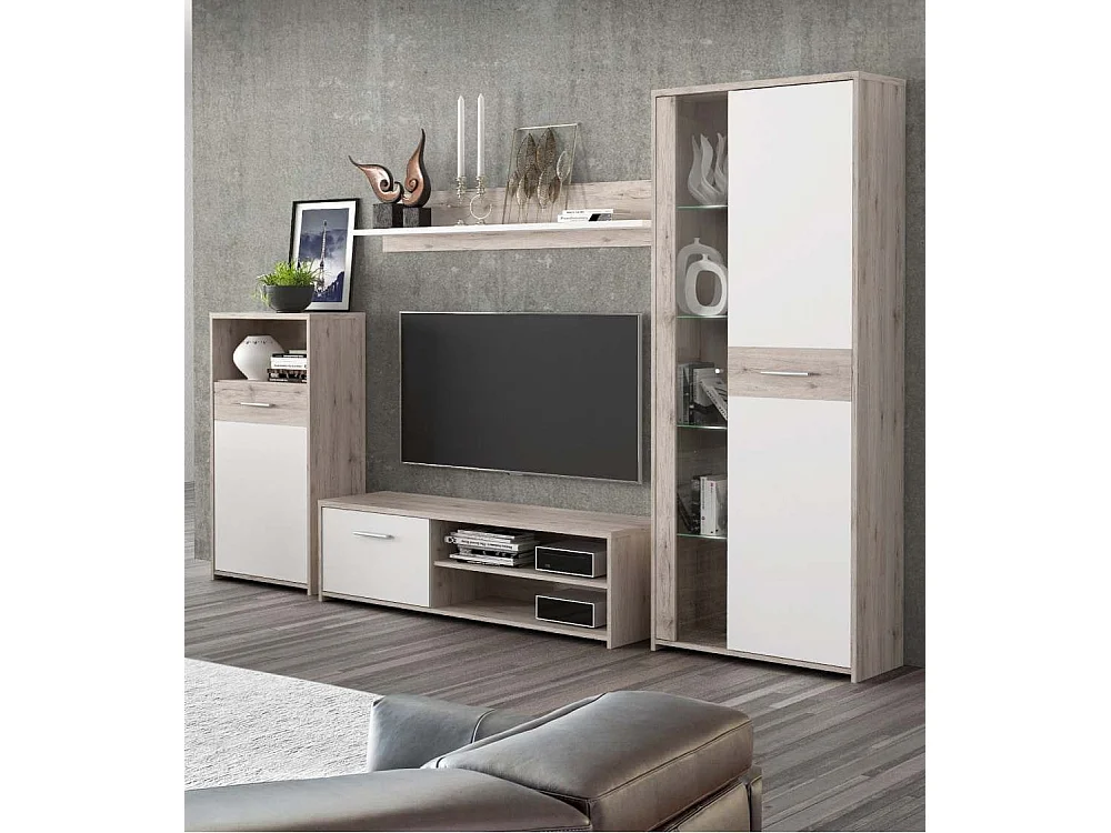 Mueble de salón de 183x266x41 cm con 4 módulos para almacenaje en color beige Galena