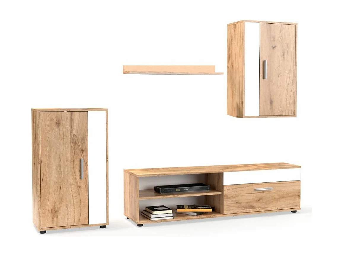 Mueble de salón de 196x230x38 cm de estilo nórdico con 3 módulos en roble oscuro Bosco