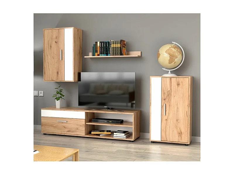 Mueble de salón de 196x230x38 cm de estilo nórdico con 3 módulos en roble oscuro Bosco