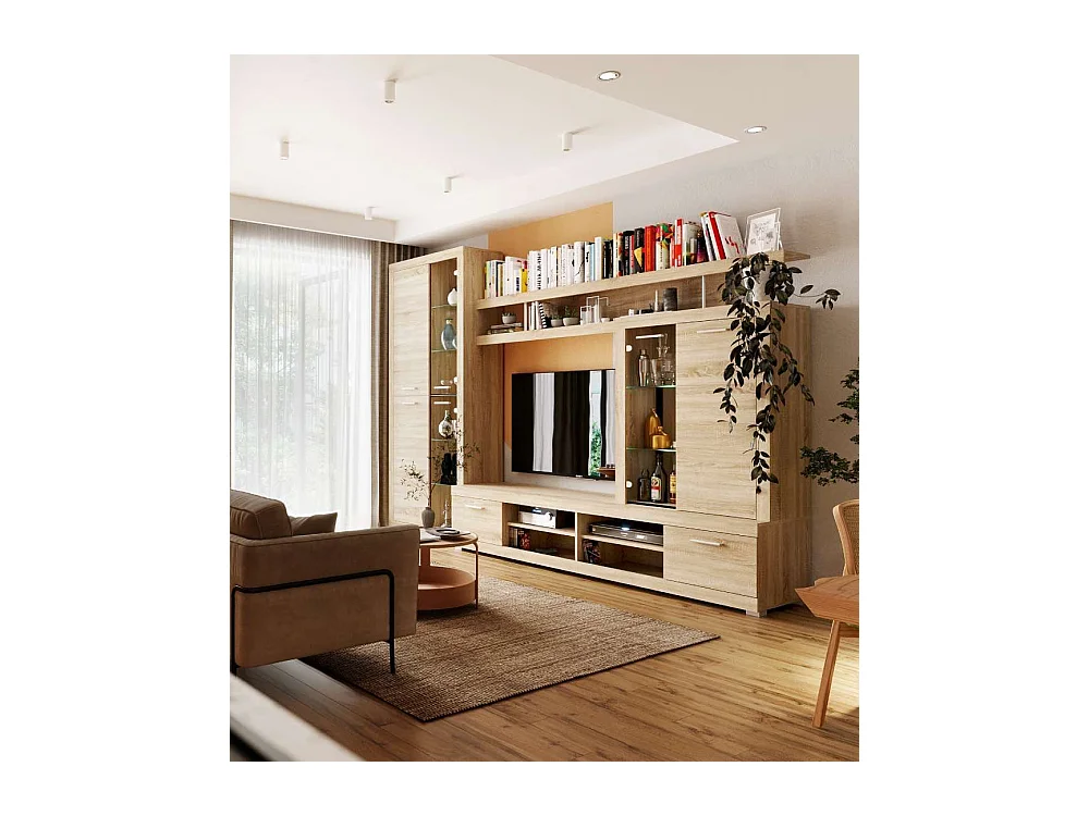 Mueble de salón de 195x284x45 cm de estilo nórdico con 4 módulos en color beige Elijah