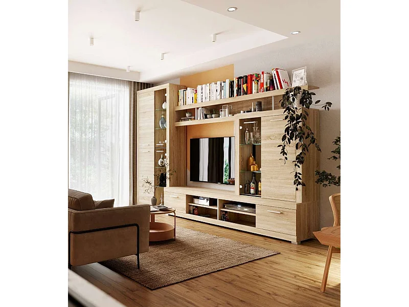 Mueble de salón de 195x284x45 cm de estilo nórdico con 4 módulos en color beige Elijah