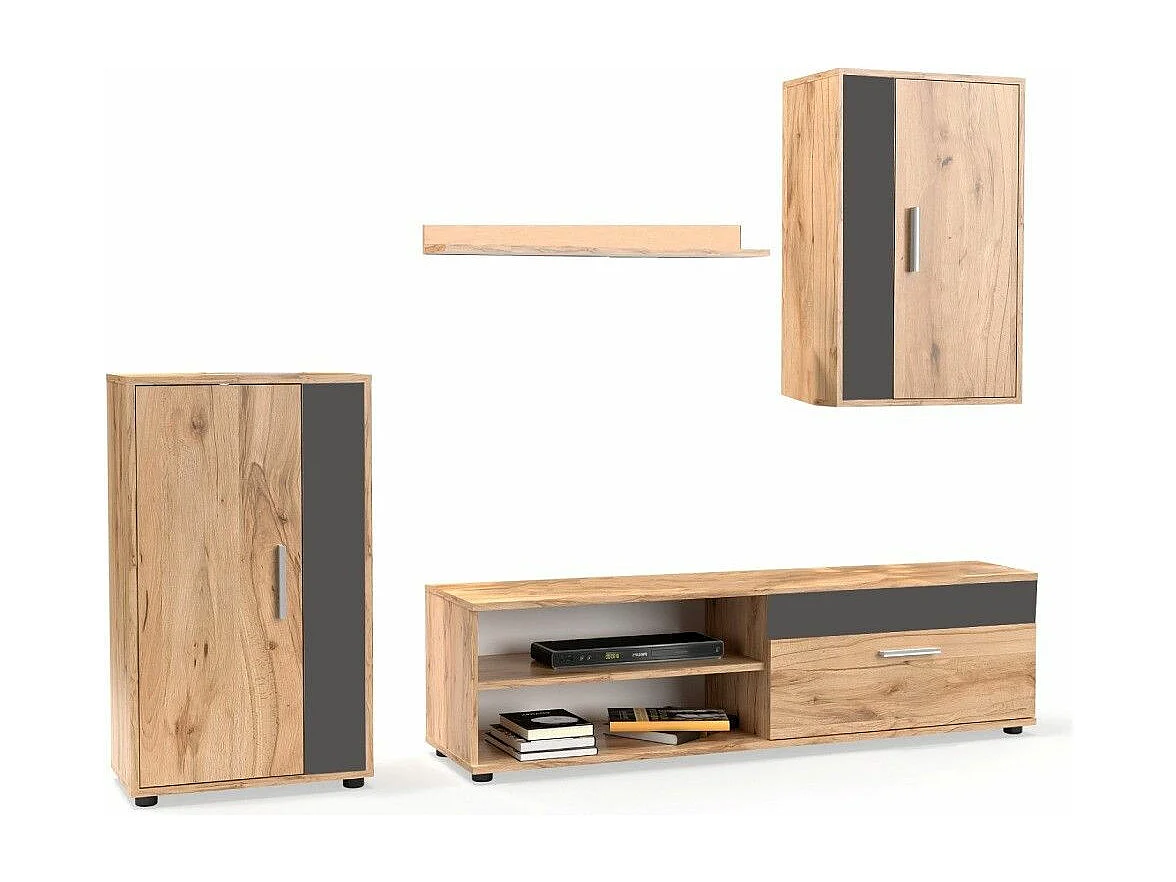 Mueble de salón de 196x230x38 cm de estilo nórdico con 3 módulos en roble y negro Bosco