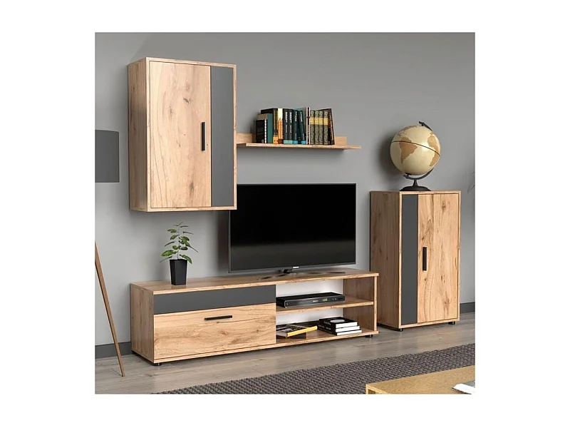 Mueble de salón de 196x230x38 cm de estilo nórdico con 3 módulos en roble y negro Bosco