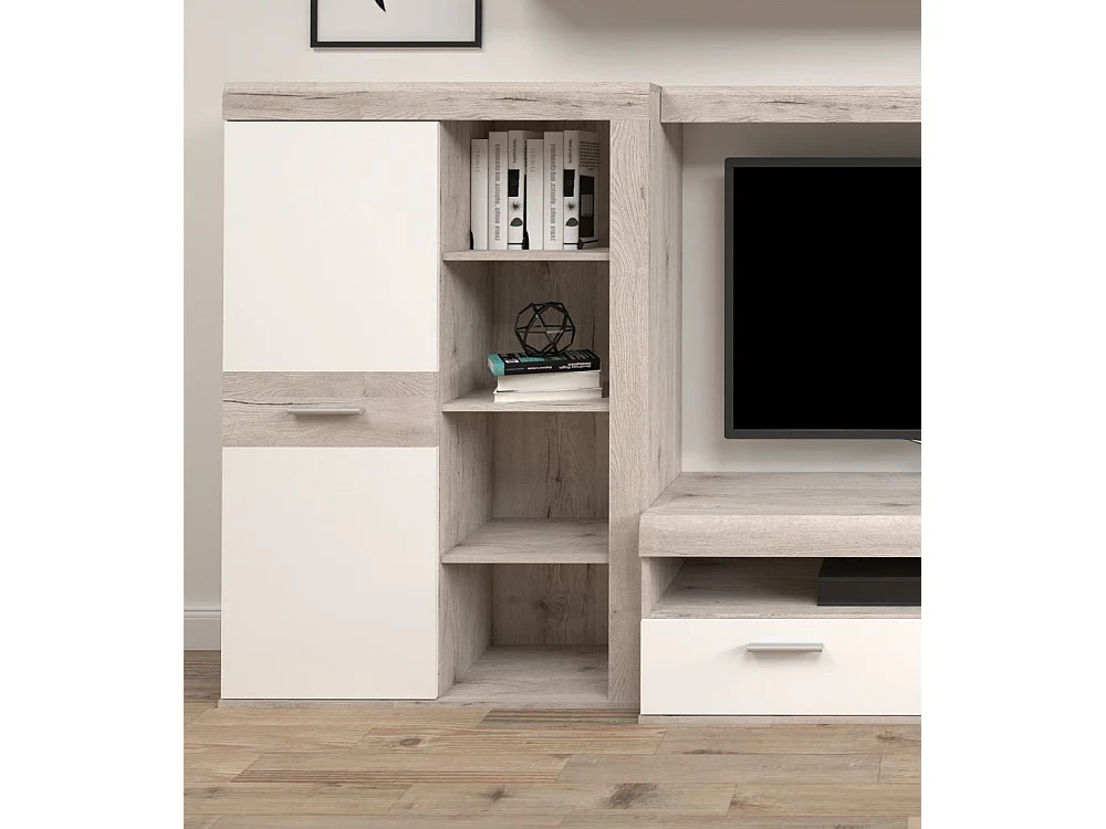 Mueble de salón de 201x300x41 cm de 4 módulos con 2 cajones y puerta en color blanco Paulo