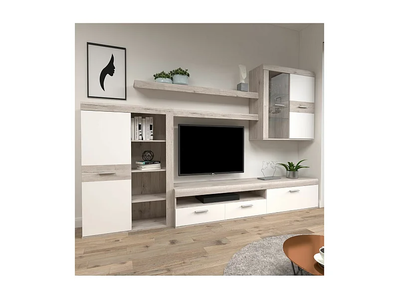 Mueble de salón de 201x300x41 cm de 4 módulos con 2 cajones y puerta en color blanco Paulo