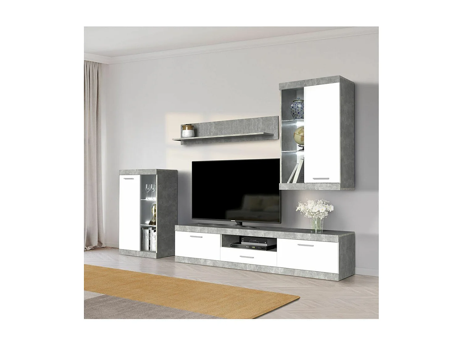 Mueble de salón de 255x179x40 cm de estilo nórdico con 4 módulos en color gris Lewis