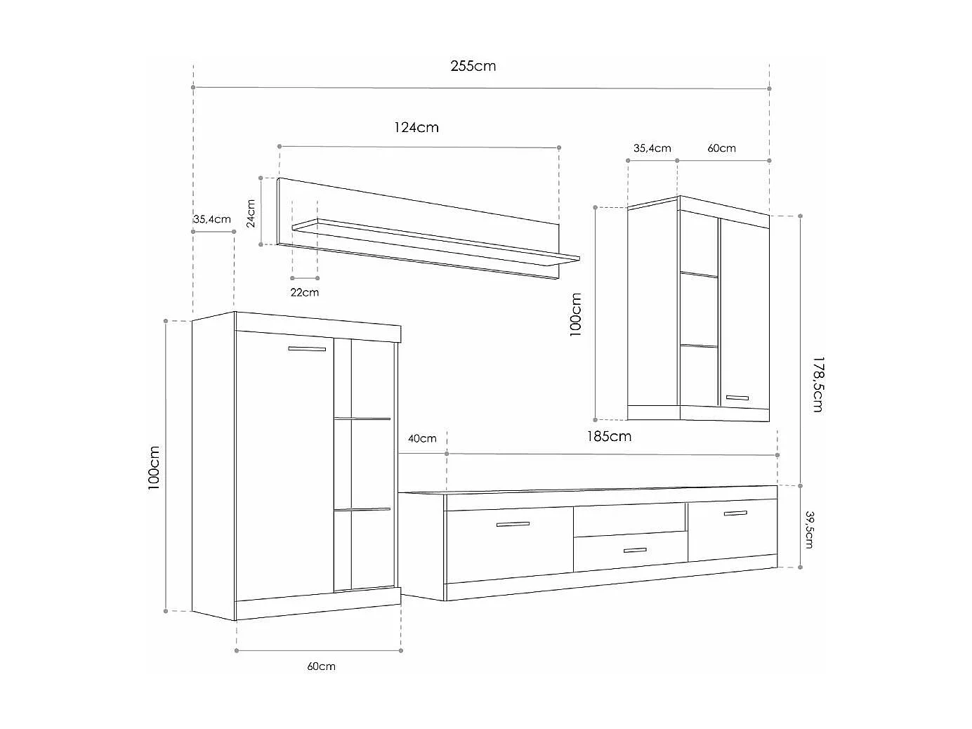 Mueble de salón de 255x179x40 cm de estilo nórdico con 4 módulos en color gris Lewis