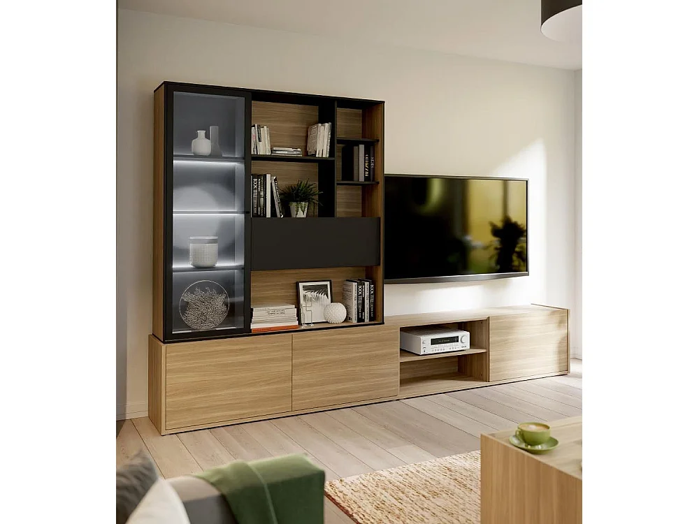 Mueble de salón de 201x304x42 cm con 3 puertas y vitrina con luces led en beige Ulises