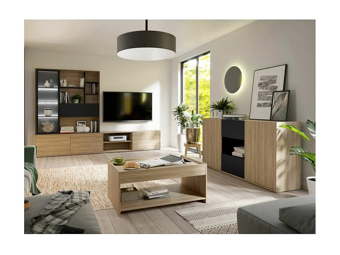 Mueble de salón de 201x304x42 cm con 3 puertas y vitrina con luces led en beige Ulises