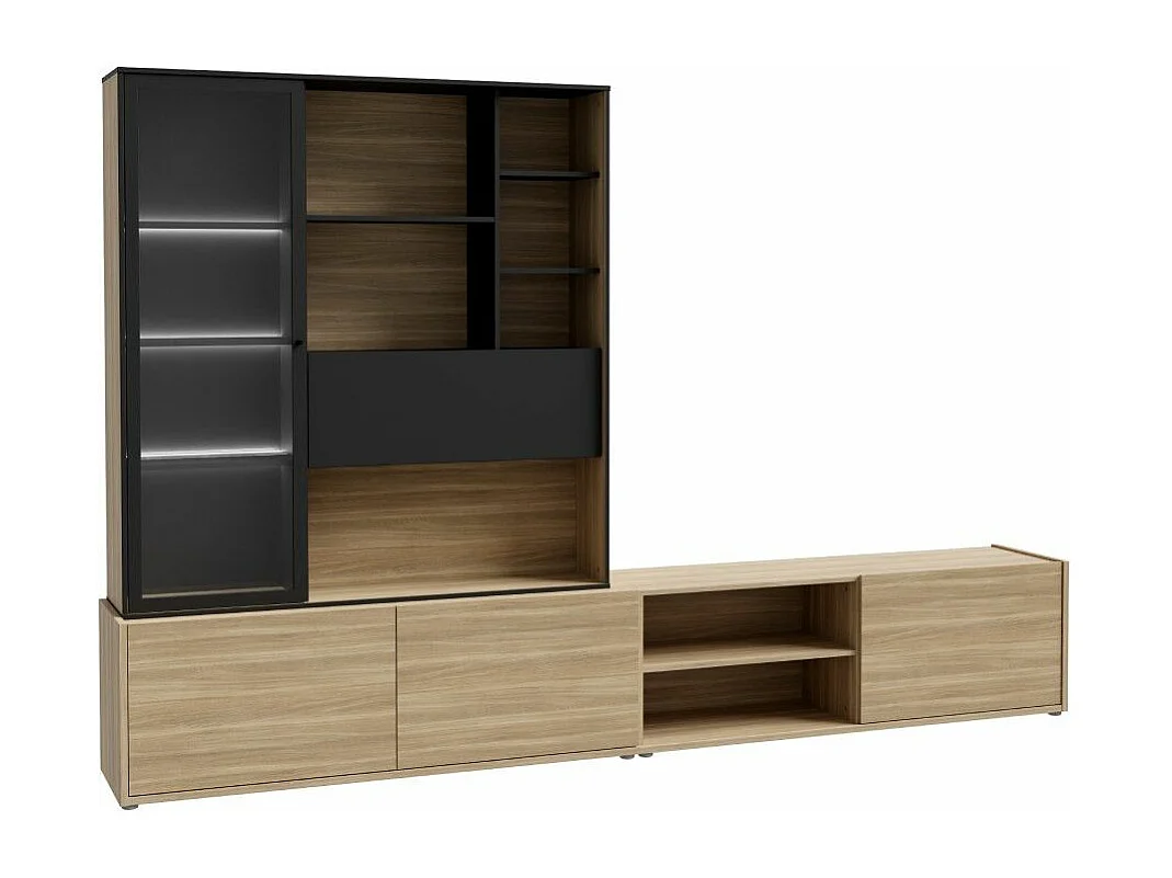 Mueble de salón de 201x304x42 cm con 3 puertas y vitrina con luces led en beige Ulises