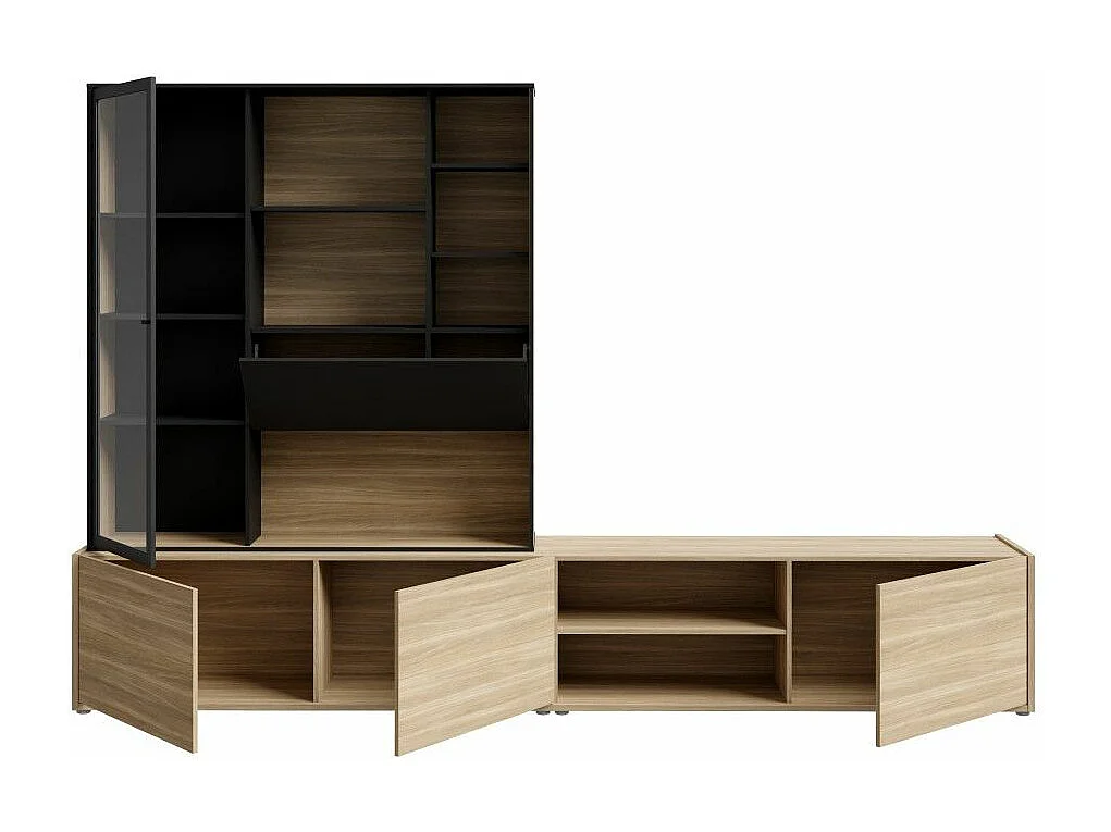 Mueble de salón de 201x304x42 cm con 3 puertas y vitrina con luces led en beige Ulises