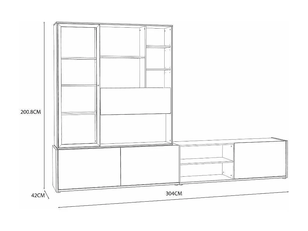 Mueble de salón de 201x304x42 cm con 3 puertas y vitrina con luces led en beige Ulises